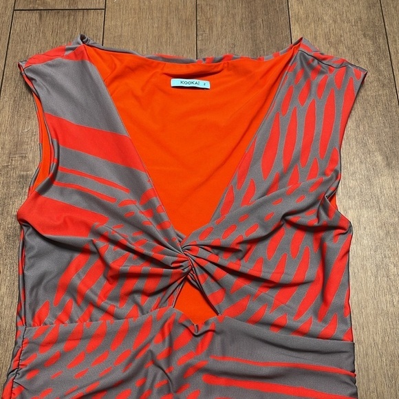 Kookai Bodycon Dress Stretchy Orange Grey Cut Out V Neck Sleeveless 2 - Picture 7 of 10